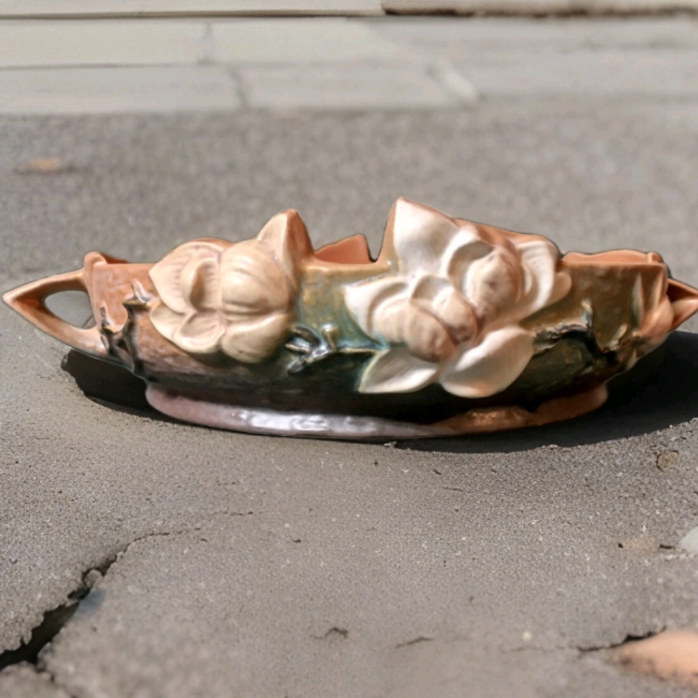 Vintage Roseville Pottery Orange Double Handled Magnolia Bowl #450-10 1940's